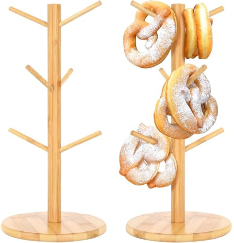 2 Stück Brezelständer Holz, Tassenständer, Abnehmbar Brezelhalter aus Holz in Baumform, Stabil Tassenhalter, 6-armig, Wurststände, Platz sparen, Dekoration für Restaurants, Cafés, Bars, Küche