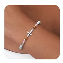 Dochais Bracciale Donna Pietre Naturali con Croce Acciaio Inossidabile Perline Braccialetti Regolabile Bracciale Amicizia Cristianabraccialetto Regalo Donna Compleanno Natale