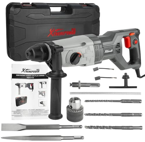 XtremepowerUS 800W SDS-Plus Electric Rotary Hammer Drill Demolition Chiseling & Drilling Bits Set 4 Functions Corded Variable Speed for Concrete, Includes 3 Drill Bits, 2 Chisels, Case