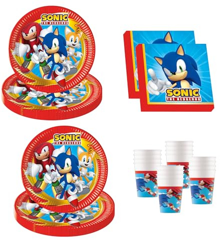Procos - Decoración de cumpleaños Sonic, 52 piezas, platos de cartón, vasos y servilletas para cumpleaños infantiles, vajilla de fiesta