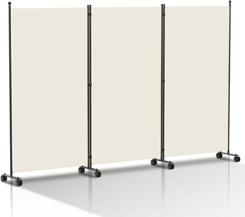 Paravent rumsavdelare 263 x 181 cm, skiljevägg fristående insynsskydd på hjul, omklädningsskydd, rumsseparator, 3 delar för kontor, balkong (vit)