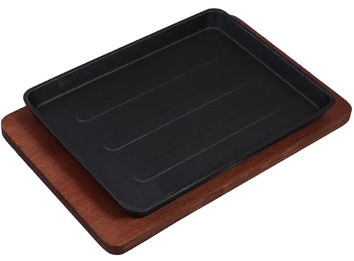 HIAKDOFT Sartén para Fajitas de Hierro Fundido con Base de Madera, Sartén Cuadrada 23,2x17,5 Cm Resistente para Asar Carne y Pescado, Placa de Cocina Adecuado para Inducción y Parrilla