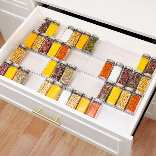 Imncya 8-teiliger klarer Gewürzschubladen-Organizer, 4-stufiges ausziehbares Acryl-Gewürzregal (33-66 cm), Küchengewürz-Aufbewahrungsregale für Schubladen und Arbeitsplatte (ohne Gewürzgläser)