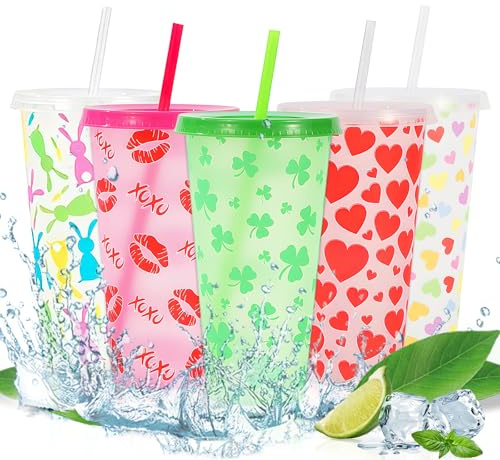 panemy Gobelets à Pailles à Couleur Changeante, Lot de 5 Gobelets Slushy de 720 Ml, Gobelets à Milkshake, Gobelets pour Boissons Festives,Gobelet Cafe avec Couvercle, Slushie Cup