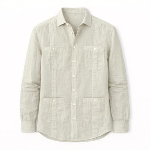 Blue coast yachting Camisa Guayabera Hombre de Lino Manga Larga 4 Bolsillos