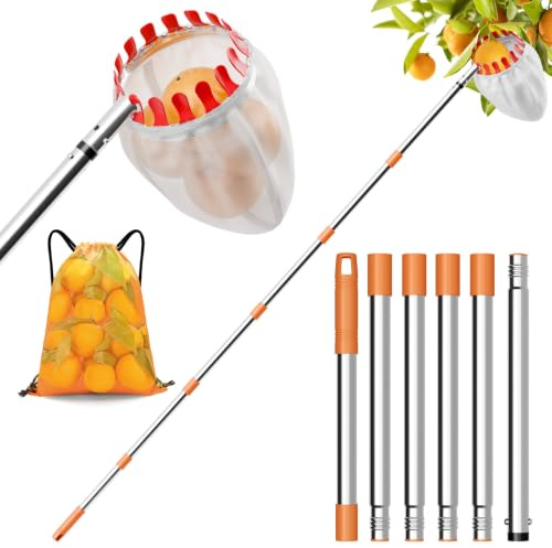 Recogedor de frutas con mango telescópico de 1,9 m, con bolsa de algodón, diámetro de 16 cm, acero inoxidable