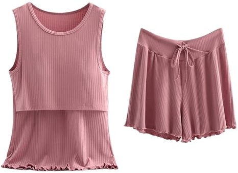 Pyjamas-set för kvinnor, sommar, pyjamas, graviditet, amning, bomull, pyjamas | 2-delad mammapyjamas, lös passform shorts med dragsko, överdimensionerade mjuka rundhalsad toppar, enfärgade nattkläder