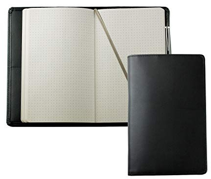 DELMON VARONE - Personalisierbares Notizbuch Etui DIN A5 aus Boxcalf Premium Leder schwarz, Blanko Buch punktiert im Hardcover Ledereinband mit Stiftschlaufe, Einschubfächer und Merkband