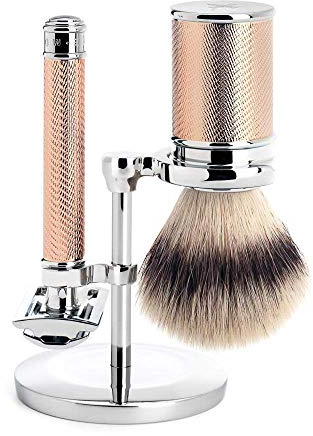MÜHLE Traditional 3-tlg. Rasierset, Rasierhobel, Rasierpinsel, Ständer | Nassrasur-Set, Sicherheitsrasierer geschlossener Kamm, Rasurpinsel Silvertip Fibre, Halterung, für Bart, Gesicht, rosegold