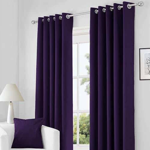 RayyanLinen Readymade Blackout Thermal Eyelet Ring Top Pair of Curtains Including 2 free Tiebacks (AUBERGINE PURPLE, Width 90 x Drop 90)