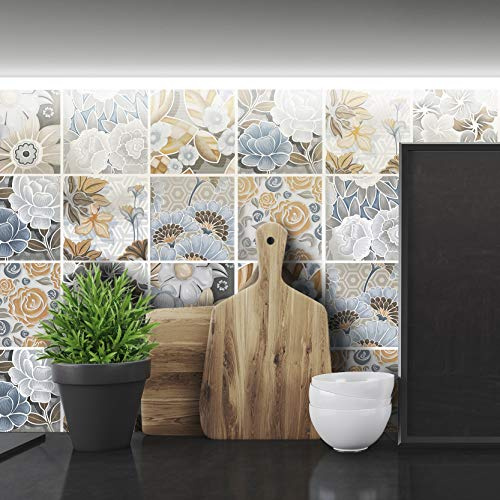 ADesign 32 Feuilles Mural Stickers Carrelage 2D Imperméables Carreau de Ciment Adhesif, Autocollants Carreaux Dosseret pour Cuisine, Salle de Bain la Décoration à la Maison / 15 x 15 cm /T1016