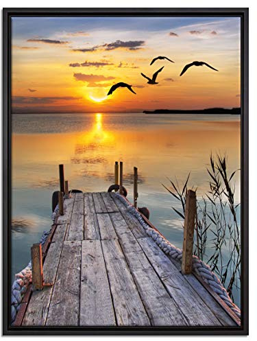 Pixxprint Steg bei Sonnenuntergang Leinwandbild 80x60 cm im Bilderahmen, Wandbild, Schattenfugenrahmen, Kein Poster
