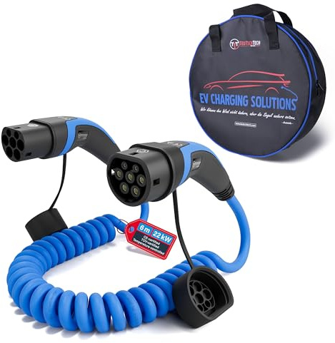 TEUTSCHTECH Typ 2 Ladekabel Spiral für Elektroauto | 6M | Typ 2 auf Typ 2 | 22kW | 3x32A | 3-phasig | Modus 3 | Temperaturüberwacht | Sicher Laden | Nutzbare Länge ca. 3.6M | Blau