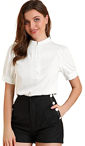 Allegra K Women's Ruffled Half Button Placket Short Sleeves Round Neck Work Blouse Tops White S