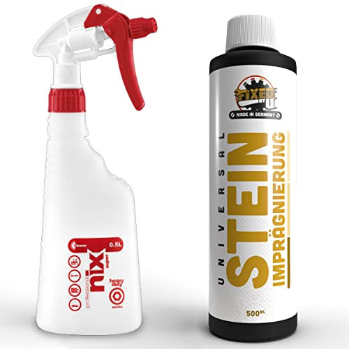 FixedByU Steinimprägnierung und Versiegelung mit Sprüher vorbeugend gegen Grünbelag Moos Algen Schimmel Entferner Anwendung auf Pflasterstein Sandstein Gehweg Terrasse Balkon Fassade Beton