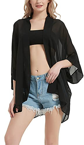 Copribikini kimono da donna con stampa floreale bohémien trasparente in chiffon cardigan largo camicetta avvolgente, Nero, One size Grote maten Tall