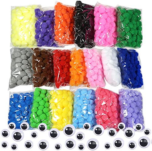 TOAOB 2000 Stück Pompons 15mm Bunte Pompom Flauschigen Plüsch set Bälle Kunst Bommel Einschließlich 100 Stück Selbstklebend Wackelaugen für Lustige DIY Kreative Handwerk