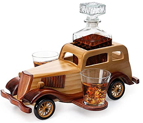 Whisky Dekanter Set - Auto Whisky Dekanter-Set mit 2 Whiskygläsern - Geschenk mit Kristallgläsern und altmodischem Oldtimer Auto - Personalisiertes Set für Männer - Bar-Accessoires für Alkohol