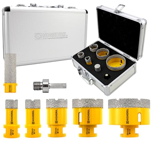 HIGHDRIL Fliesenbohrer Diamantbohrer Set 7 tlg - 20/25/35/50/68mm Lochsägen+20mm Fräsbohrer+Adapter für Porzellan Keramik Fliesen Granit Marmor