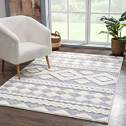 carpet city Teppich Hochflor Wohnzimmer - 200x290 cm - Landhaus-Stil Ethno Grau Creme - Cut-Loop, Hochtief, 3D-Effekt - Shaggy Teppiche Flauschig-Weich Schlafzimmer Langflor
