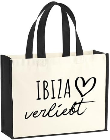 Huuraa Jutetasche Ibiza verliebt 21 Liter Black Jute und Baumwolle Einkaufstasche Geschenkidee