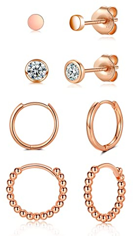 WOVEE Ohrringe Set Silber/Gold/Rosegold/Schwarz Rund Ohrstecker Zirkonia & Creolen 925 Vergoldet Damen Herren Mädchen 3mm 4mm 10mm 12mm