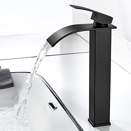 Wasserfall Wasserhahn Bad Schwarz Matt, Hoch Waschtischarmatur 230mm | Auslauf Höhe 230mm, Keramikkartusche, 60cm Flexschlauch, G3/8 Anschlüsse, Einlochmontage, Wassersparend, Eckig, Messing