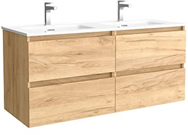 Salgar Mueble de baño Bequia 120 cm con Lavabo 100% montado de fábrica | Acabado Roble suspendido 4 cajones Cierre amortiguado Apertura con uñero | Lavabo 2 pozas Porcelana Blanca