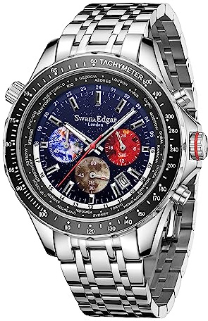 SWAN AND EDGAR World Timer Mechaquartz Chronograph Designer Watch for Men with Saphire Glass, Hand Assembled 30m Water Resistant Analogue Men's Watch - Steel Blue