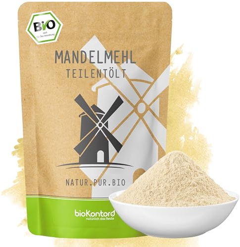 bioKontor – BIO Mandelmehl 1kg – teilentölt – 49% Eiweiß | hoher Proteingehalt – deutsche Handabfüllung – entöltes Mehl aus Mandeln zum Backen für low carb – Weizenmehl Alternative