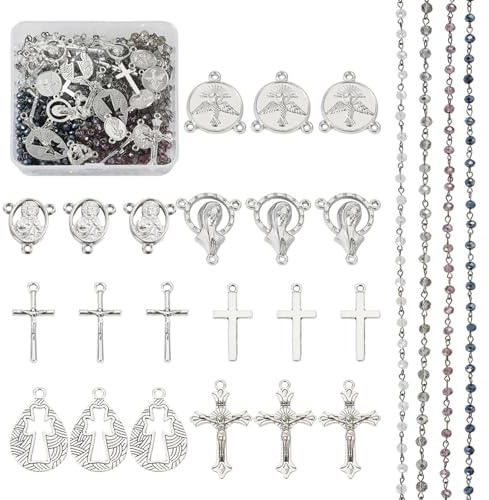 Spritewelry 36-teiliges Set zur Herstellung von Rosenkranz-Halsketten und Armbändern mit Glasperlen, Legierung, Kreuz-Anhänger