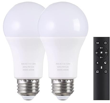 MXhme A19 LED Light Bulbs with Remote Control, 800LM 9W (60W Equivalent) Bulbs,Stepless Dimmable 3000K-6000K,E26 Base,CRI 80+,2.4GHz,25000+ Hours Lifespan,Light Bulb for Home Decor,2Bulb & 1Remote