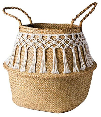 MAKIVI 32 x 28 cm geflochtener Makramee-Korb mit Fransen, Faltbarer dekorativer Korb, Garten-Blumentopf, Rattan-Korb, Heimorganisation, Wäschekorb (Farbe: A, Größe: 27 x 24 cm) Marriage