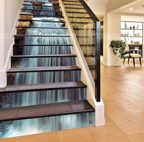 FLFK 13 pezzi 3D Cascata di pietra Stacca e attacca adesivi per scale - vinile Adesivo per alzate di scale - Decalcomanie per scale per la decorazione di casa e ufficio 39.37x7.09