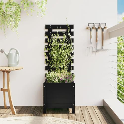 ARKEM Jardinera con estantería Madera Maciza Pino Negro 39x39,5x114cm Mueble Plantas Interior Repisa para Plantas