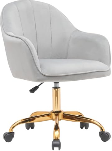 BAKAJI Silla de Oficina de Terciopelo con Base Dorada de 55 cm, Acolchado Extra Suave y Shabby Chic, sillón de Escritorio Decorativo Estudio ergonómico con Ajuste de Altura a Gas 95-105 cm (Gris)
