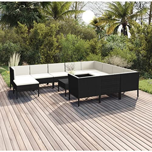 QZZCED Terrassengarnitur Garten-Loungemöbel Gartenmöbel-Sets Balkonmöbel-Set 12-TLG. Garten-Lounge-Set mit Auflagen Poly Rattan Schwarz für Garten, Terrasse und Balkon