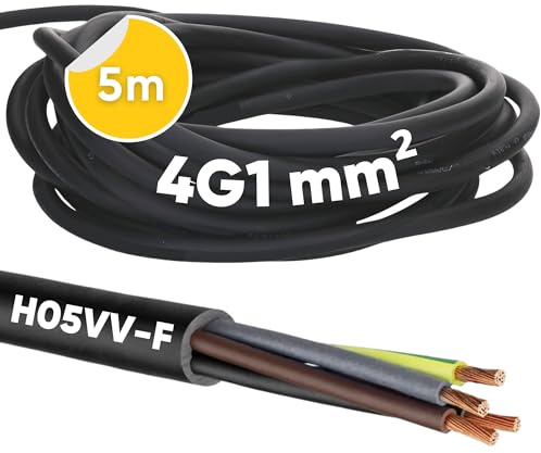 5 Meter Kalitec H05VV-F Schlauchleitung 4x1 mm² I Stromkabel 4G1 mm2 mit Schutzleiter I PVC Kabel für Innenbereich I Elektrokabel schwarz I Lampenkabel flexibel I Gerätekabel 4 adrig