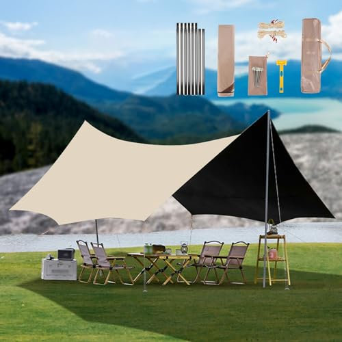 Zeltplane Wasserdicht, 560x440cm/450x440cm Mit 3 Zeltstangen Achteckiges Sonnensegel Mit Ösen + 3 Zeltstangen+ 8 Seilen, Für Strand, Camping, Angeln, Hinterhof Und Picknick(Rice-white,560x440x260mm)