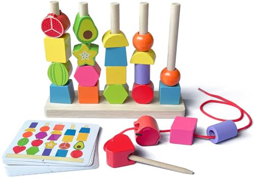 Goujfol Montessori Spielzeug Stapelspiel Holzspielzeug 2-in-1 Holz Sortier Stapelspielzeug Fädelspiel, Stapeln und Sortieren Bausteine Feinmotorik Motorikspielzeug für Kinder ab 3 4 5 Jahr