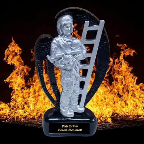 eberin Feuerwehr Pokal - Feuerwehrmann mit Kind & Leiter - 15,5 cm Trophäe