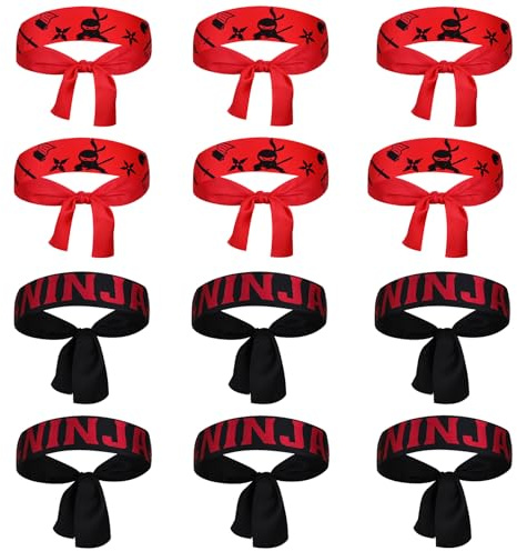 Jokureao Lot de 12 bandeaux ninjas, accessoires de fête ninja, noir et rouge, bandeau classique, bandeau ninja, cadeau d'invité, pour fête d'anniversaire, karaté