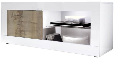 AltoBuy OTELLO - Meuble TV 1 Portes 2 Niches Blanc Laqué et Aspect Bois Antik avec LEDs
