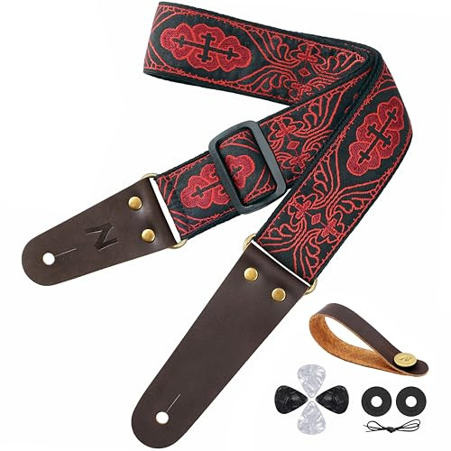 Nefelibata Gitarrengurt, rote Kreuz-Stickerei, Gitarrengurte mit Kopf aus Rindsleder, Enden für Bass, elektrische und akustische Gitarren, kostenloser Gurtknopf, 1 Paar Gurtschlösser und 4
