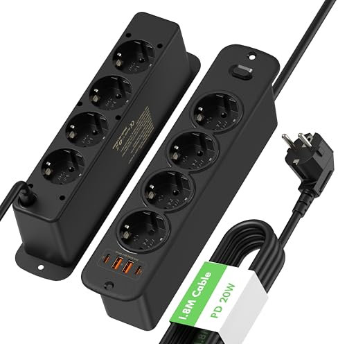 Regleta Empotrable 8 Tomas con USB C PD 20W y Interruptor, Toma de Corriente empotrada con 4 USB para encimera, Mesa o Mueble, Enchufe empotrable Doble Cara - Negra, Cable de 2 m