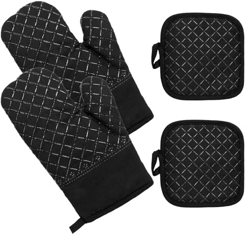 Lot de 2 gants de cuisine en silicone noirs résistants à la chaleur antidérapants avec 2 coussins en silicone, gants de four pour la cuisine et la pâtisserie dans la cuisine