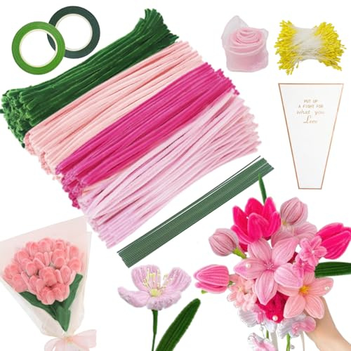 YSUVIN Limpiador de pipas para manualidades, 400 unidades, juego de flores, 4 colores, rosa y verde, limpiador de pipas para manualidades con alambre de flores, estambres, bolsa de flores para ramo de