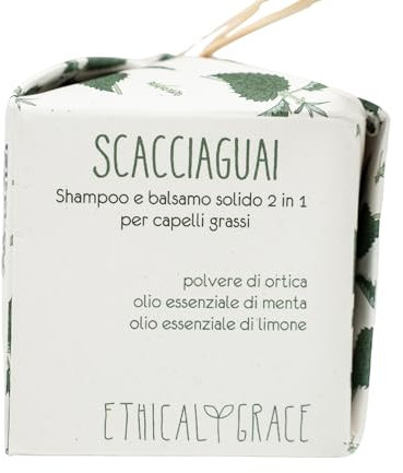 Ethical Grace - Scacciaguai - Shampoo e Balsamo Solido 2 in 1 Vegano Naturale per Capelli Grassi con Estratto di Ortica, Olio Essenziale di Menta, Olio Essenziale di Limone 90 gr