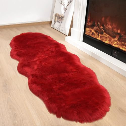 AIMECO kunstfell Teppich Faux Lammfell Schaffell Teppich Flauschiger Haarig Wohnzimmer Deko Weicher Fell Carpet für Stühle Sofa Schlafzimmer Kinderzimmer. Rot 60 x 90 cm