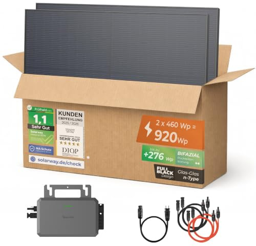 Solarway® Balkonkraftwerk 800W mit 920Wp Solarmodulen – Komplettset mit Hoymiles HiFlow 800 Wechselrichter – 2× 460W bifaziale Black Solarpanels – Mini PV Anlage für Steckdose inkl. Zubehör